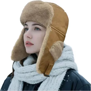 Croogo Leather Trapper Hats Mens Winter Ski Hat Cold Weather Ski Hat Warm Gear Russian Ushanka Caps Cossack Trooper Hat