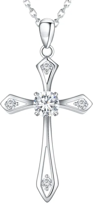 Cross Necklace for Women,925 Sterling Silver Birthstone Necklace with Diamond Faith Religious Birthstone Jewelry Birthday Holiday Gifts for Her/Wife/Mom/Girlfriend