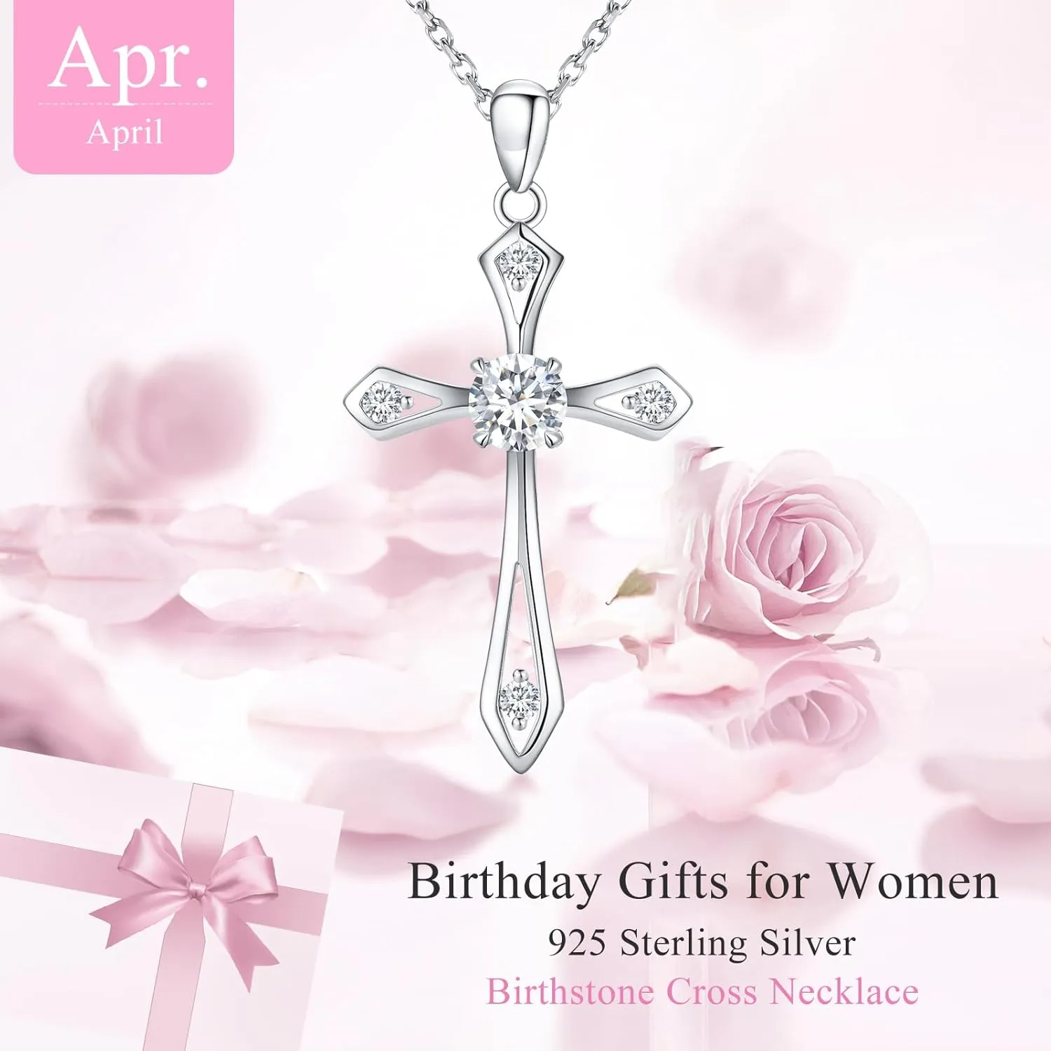 Cross Necklace for Women,925 Sterling Silver Birthstone Necklace with Diamond Faith Religious Birthstone Jewelry Birthday Holiday Gifts for Her/Wife/Mom/Girlfriend