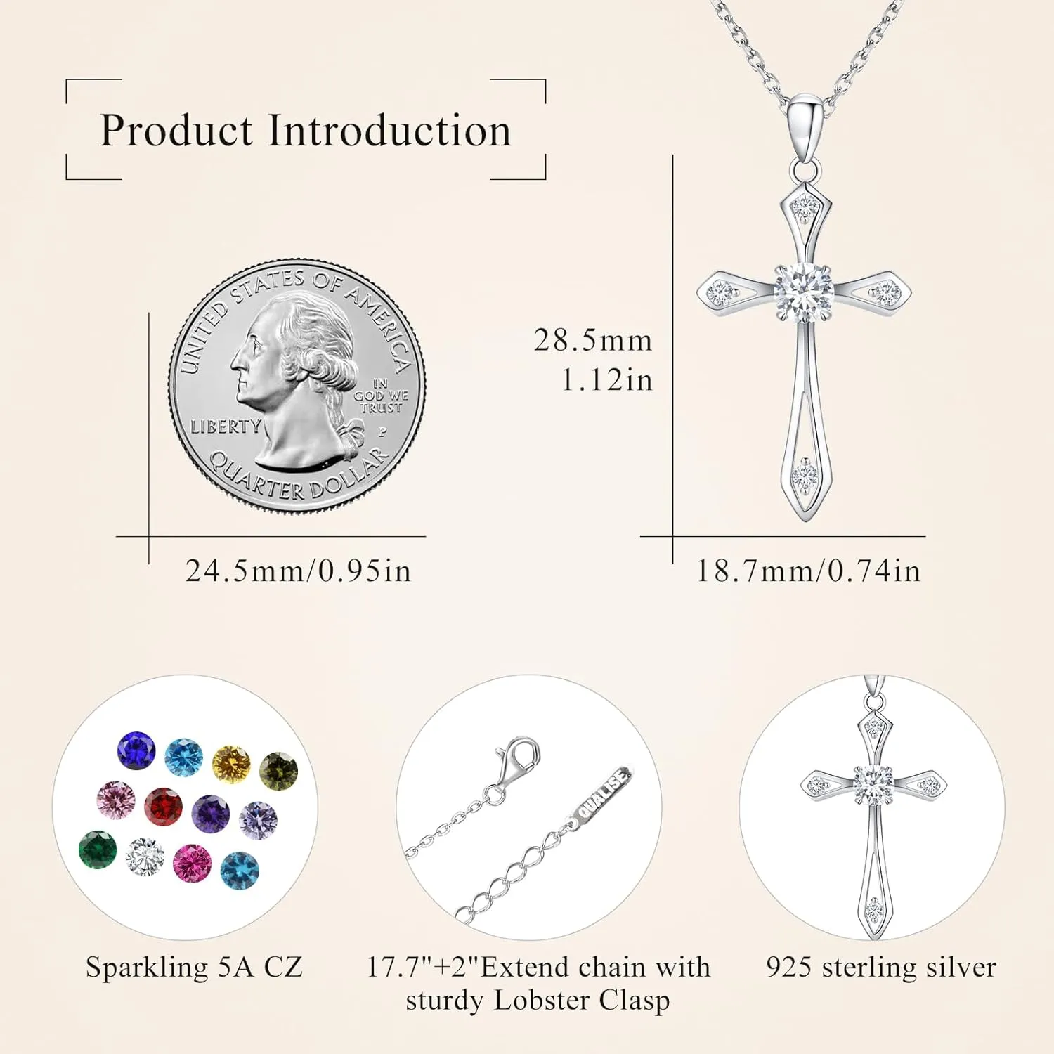 Cross Necklace for Women,925 Sterling Silver Birthstone Necklace with Diamond Faith Religious Birthstone Jewelry Birthday Holiday Gifts for Her/Wife/Mom/Girlfriend