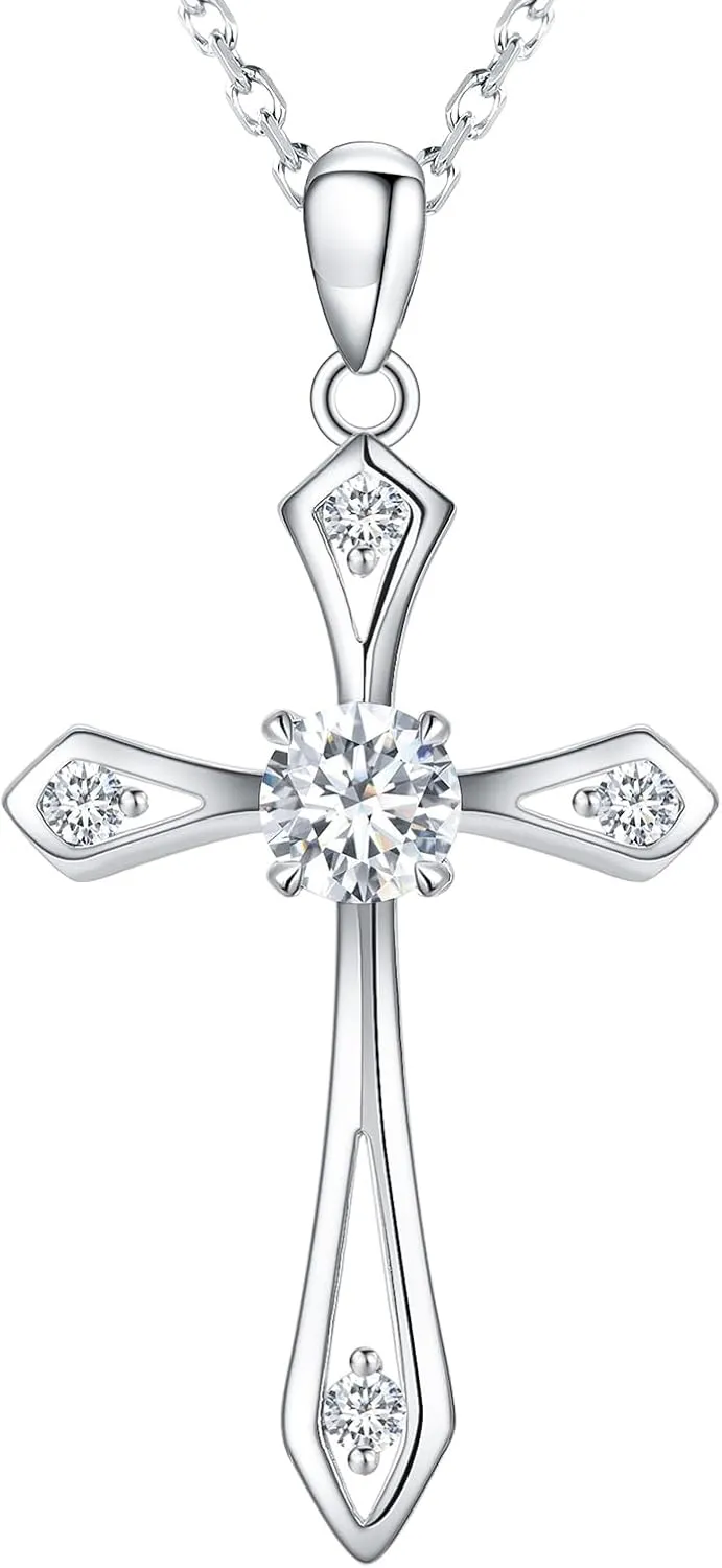 Cross Necklace for Women,925 Sterling Silver Birthstone Necklace with Diamond Faith Religious Birthstone Jewelry Birthday Holiday Gifts for Her/Wife/Mom/Girlfriend