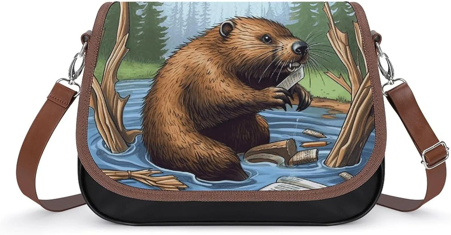 Crossbody Bags for Women Shoulder Bag Leather Handbag Busy Beaver Cartoon Messenger Bag Office Work Bag