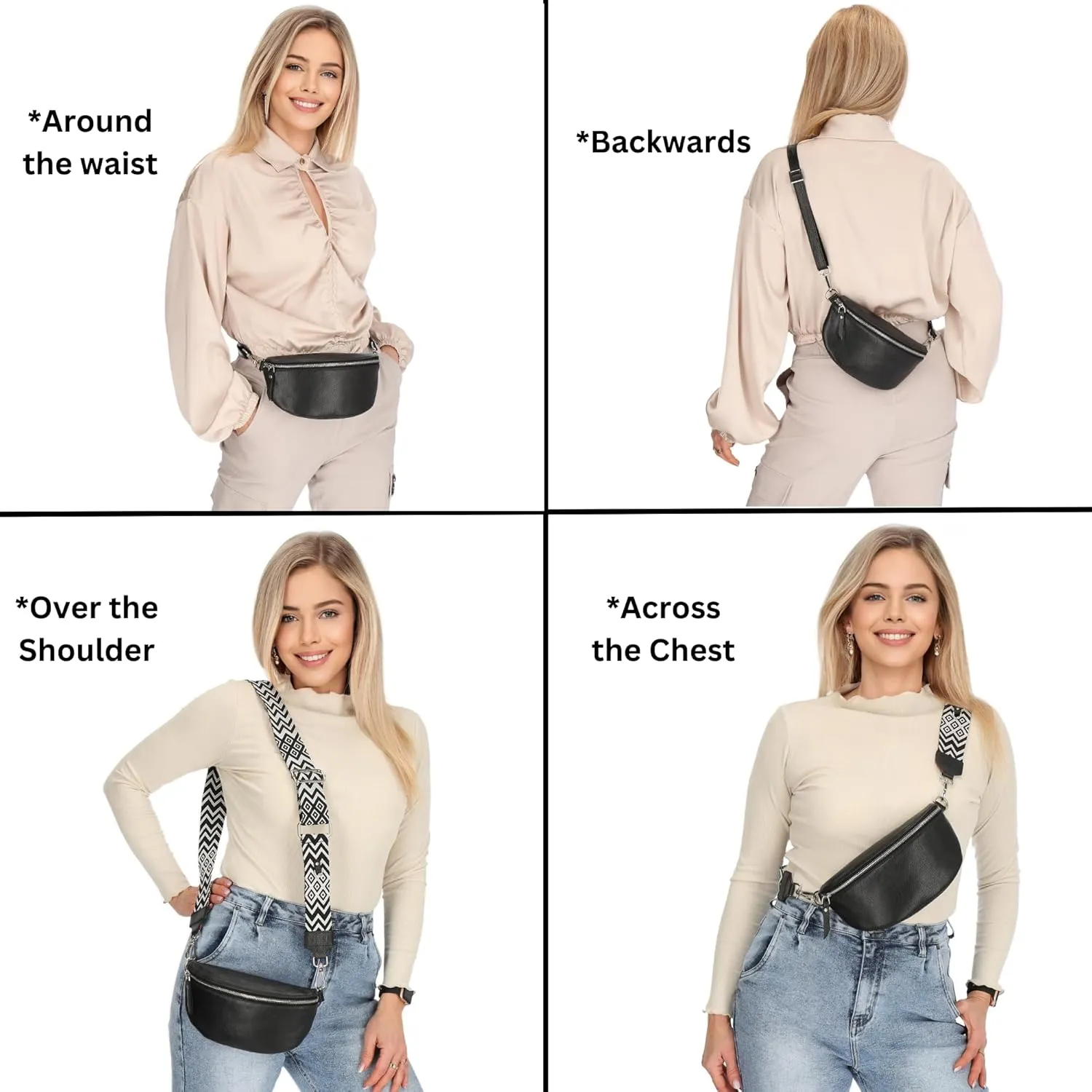 Crossbody Bags for Women Trendy, Genuine Leather Small Sling Bag, Fanny Packs with 2 Detachable Straps - Wide and Leather