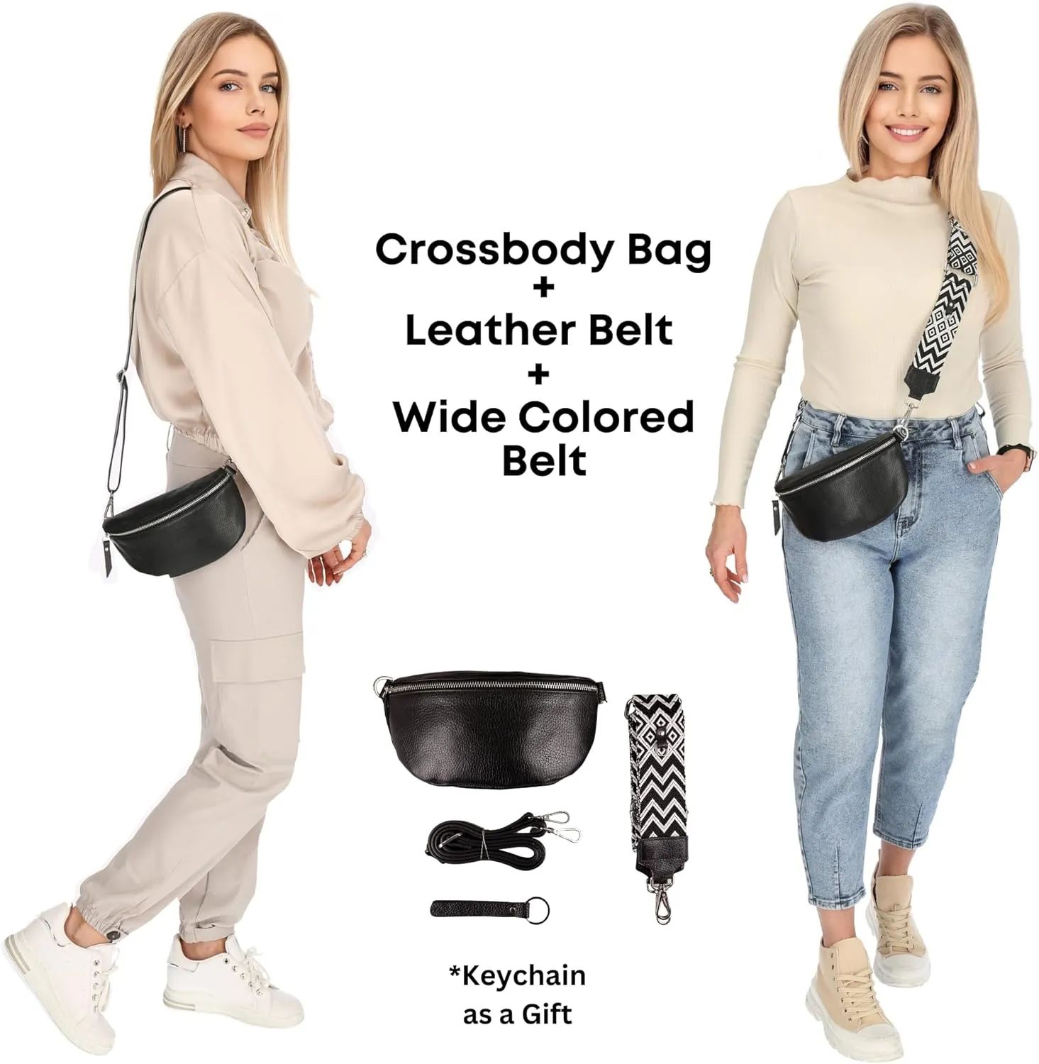 Crossbody Bags for Women Trendy, Genuine Leather Small Sling Bag, Fanny Packs with 2 Detachable Straps - Wide and Leather