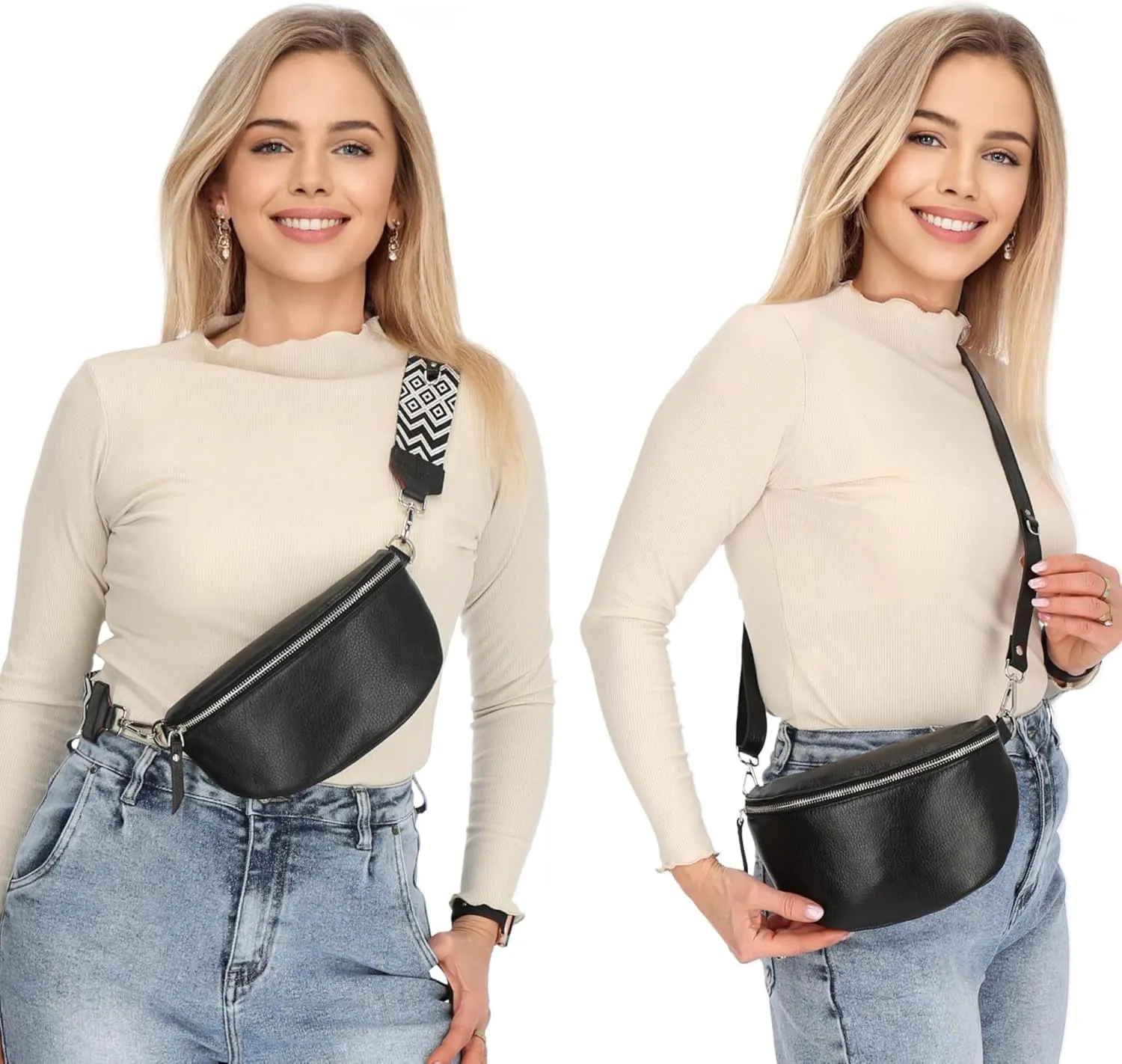 Crossbody Bags for Women Trendy, Genuine Leather Small Sling Bag, Fanny Packs with 2 Detachable Straps - Wide and Leather