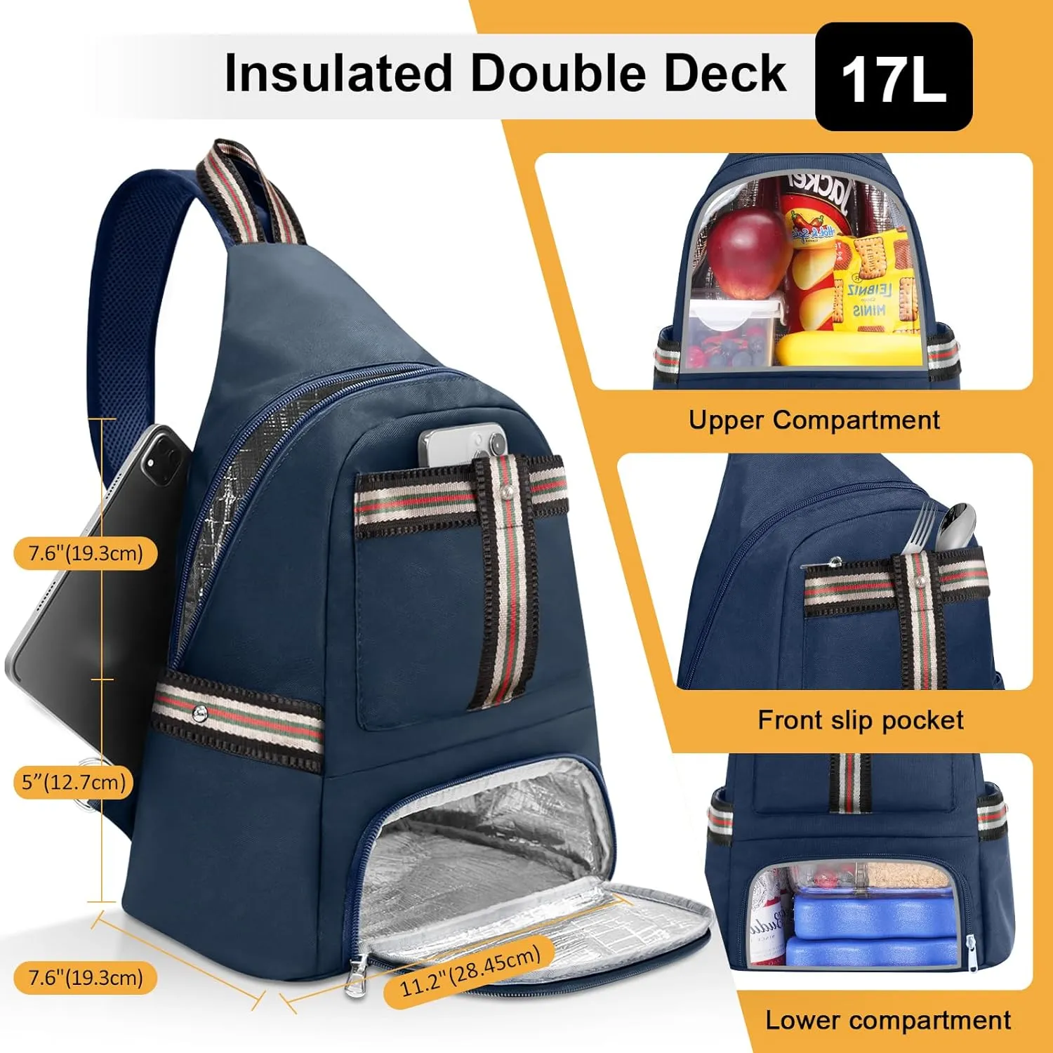 Crossbody Lunch Backpack, Double Deck Insulated Lunch Box for Men Women Adult, Leakproof Lunchbox with Side Pokets for iPad, Large Cooler Bag for Work Office Hiking Beach Picnic, Blue-pro