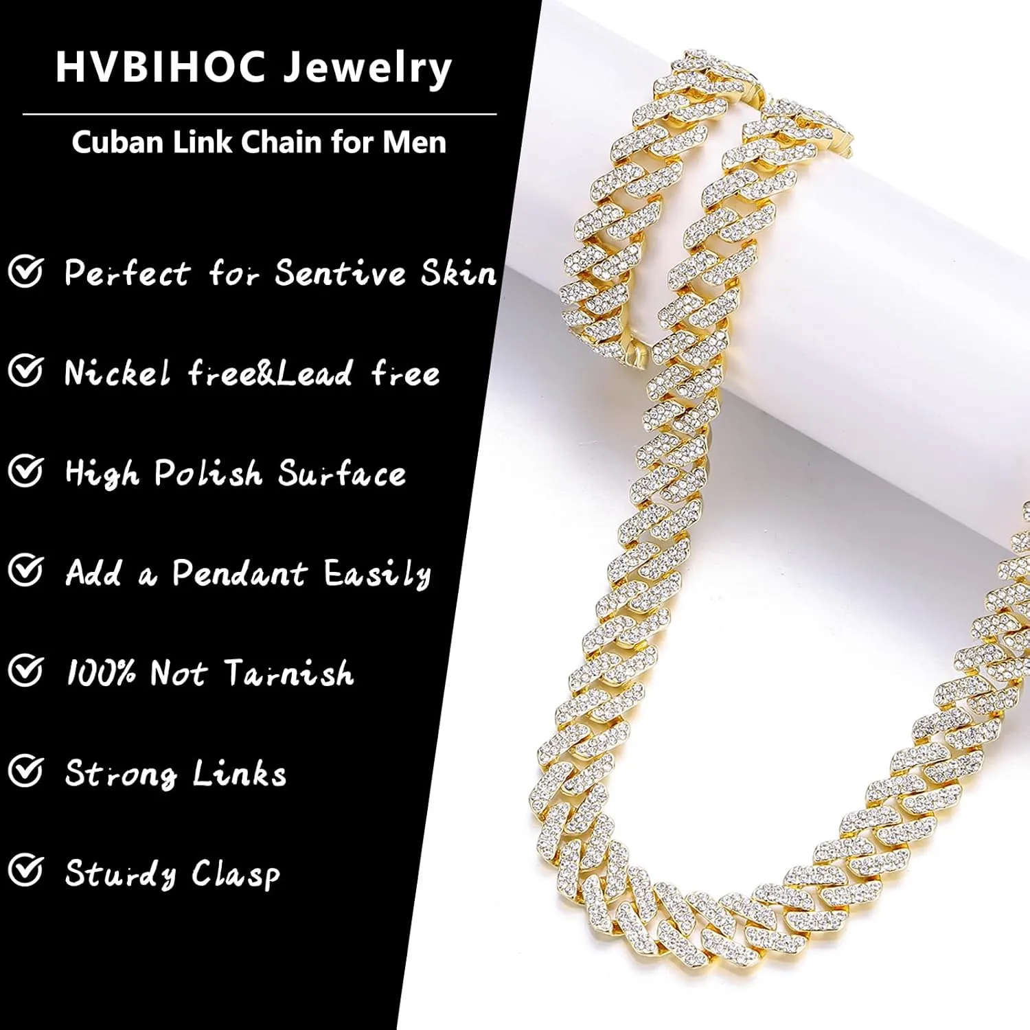 Cuban Link Chain Mens Ice Out Miami Cuban Necklace Silver/Gold Bling Diamond Hip Hop Jewelry for Women