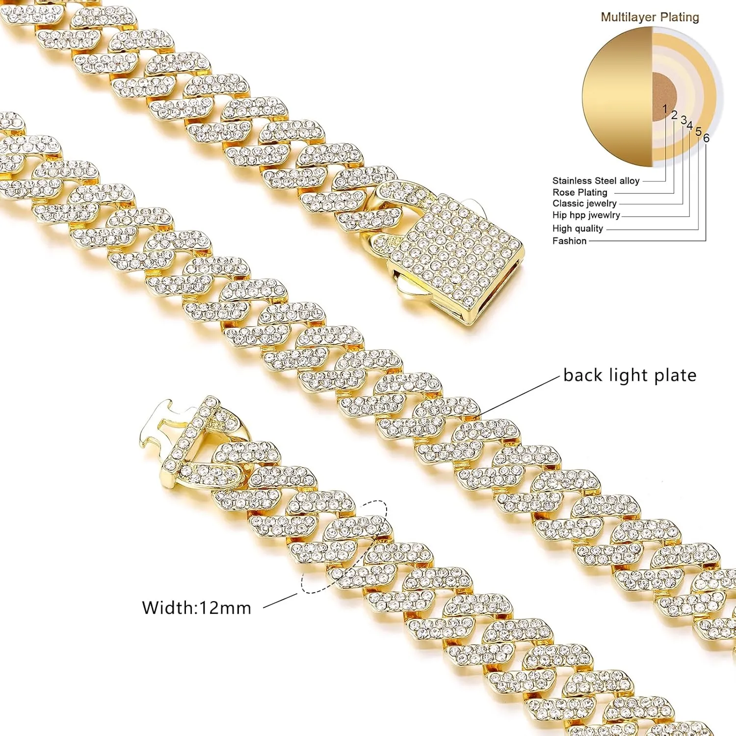 Cuban Link Chain Mens Ice Out Miami Cuban Necklace Silver/Gold Bling Diamond Hip Hop Jewelry for Women
