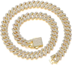 Cuban Link Chain Mens Ice Out Miami Cuban Necklace Silver/Gold Bling Diamond Hip Hop Jewelry for Women