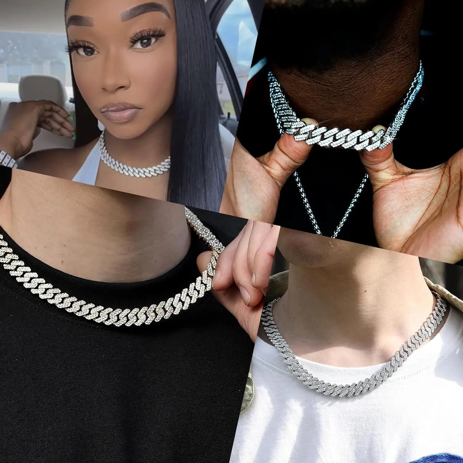 Cuban Link Chain Mens Ice Out Miami Cuban Necklace Silver/Gold Bling Diamond Hip Hop Jewelry for Women