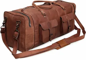 Cuero Leather Duffle Bag for Men & Women, Overnight Weekender Garment Duffel Bags for Travel with Free Toiletry Bag, Carry On Mens Weekend Bag for Traveling, Gym - 30 Inch, Brown