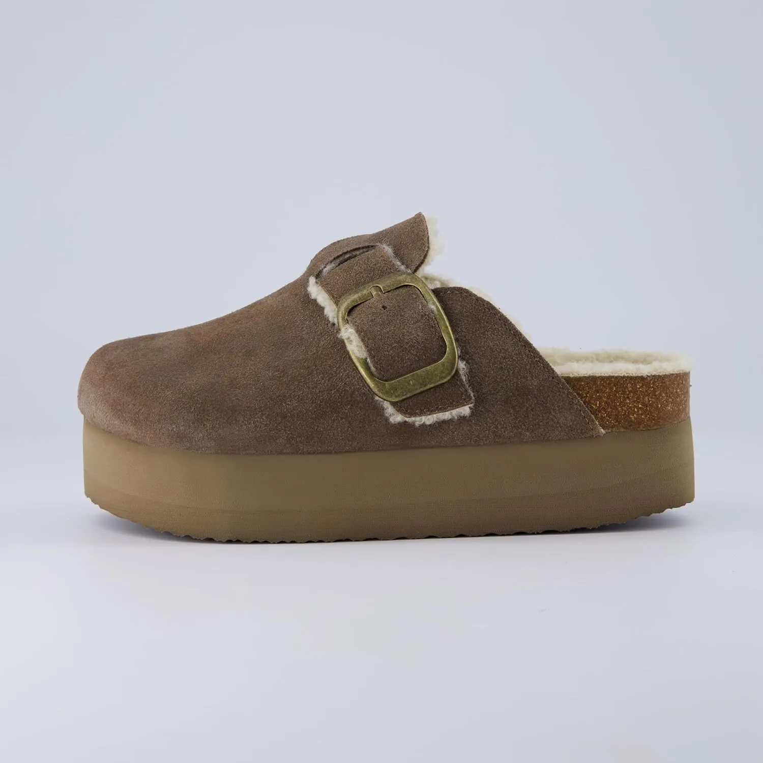 CUSHIONAIRE Women's Granola Fur Genuine Suede Faux Fur Lined Cork Footbed Platform Clog with  Comfort, Wide Widths Available