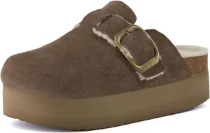 CUSHIONAIRE Women's Granola Fur Genuine Suede Faux Fur Lined Cork Footbed Platform Clog with  Comfort, Wide Widths Available