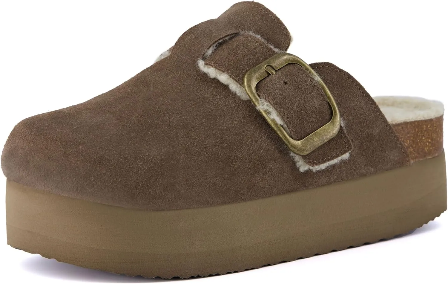 CUSHIONAIRE Women's Granola Fur Genuine Suede Faux Fur Lined Cork Footbed Platform Clog with  Comfort, Wide Widths Available