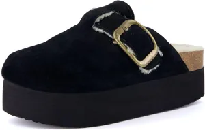 CUSHIONAIRE Women's Granola Fur Genuine Suede Faux Fur Lined Cork Footbed Platform Clog with  Comfort, Wide Widths Available