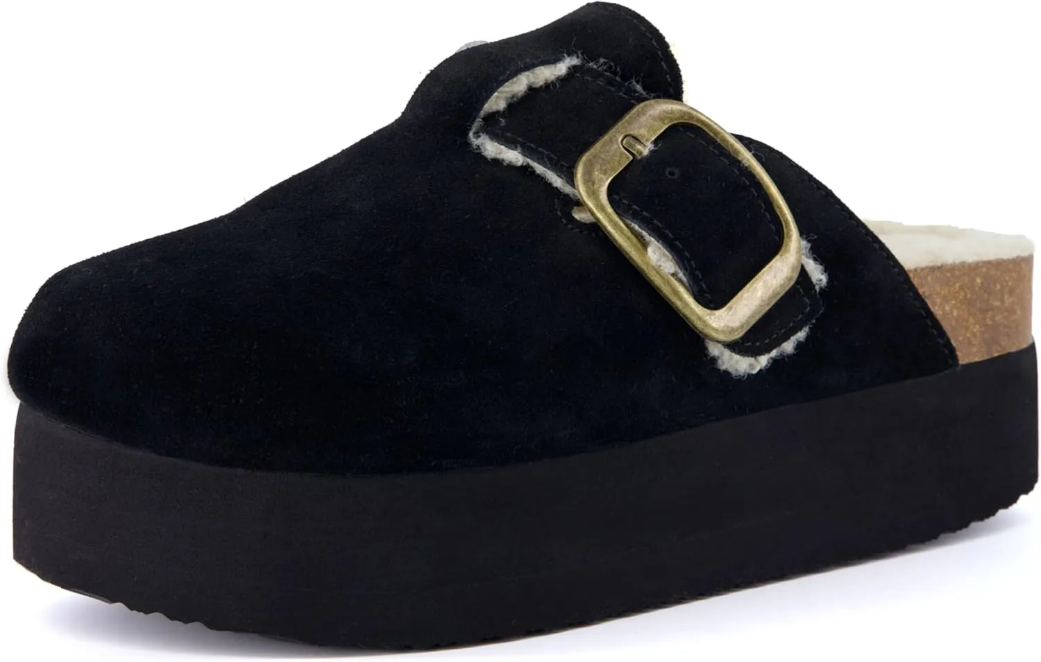 CUSHIONAIRE Women's Granola Fur Genuine Suede Faux Fur Lined Cork Footbed Platform Clog with  Comfort, Wide Widths Available