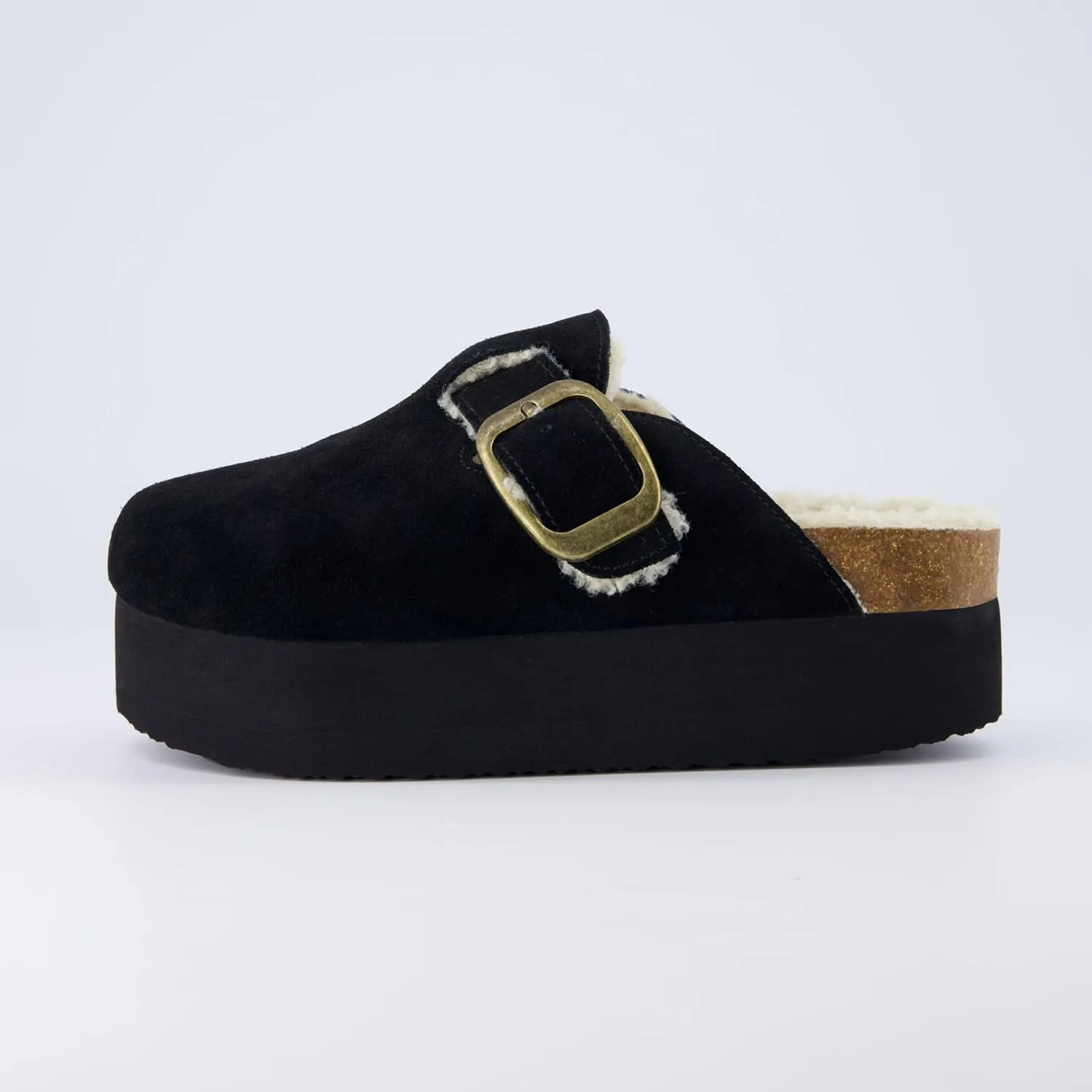 CUSHIONAIRE Women's Granola Fur Genuine Suede Faux Fur Lined Cork Footbed Platform Clog with  Comfort, Wide Widths Available