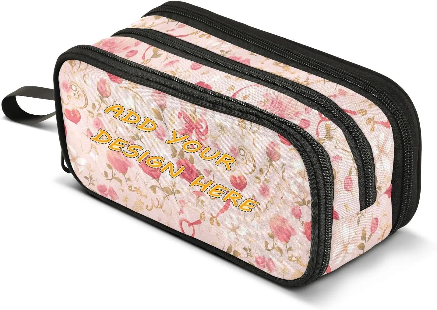 custom Nylon Large Zipper Pencil Bag Roses Gold Romantic Roses Valentine's Day High Capacity Pencil Storage Case School Stationery for Middle School Woman