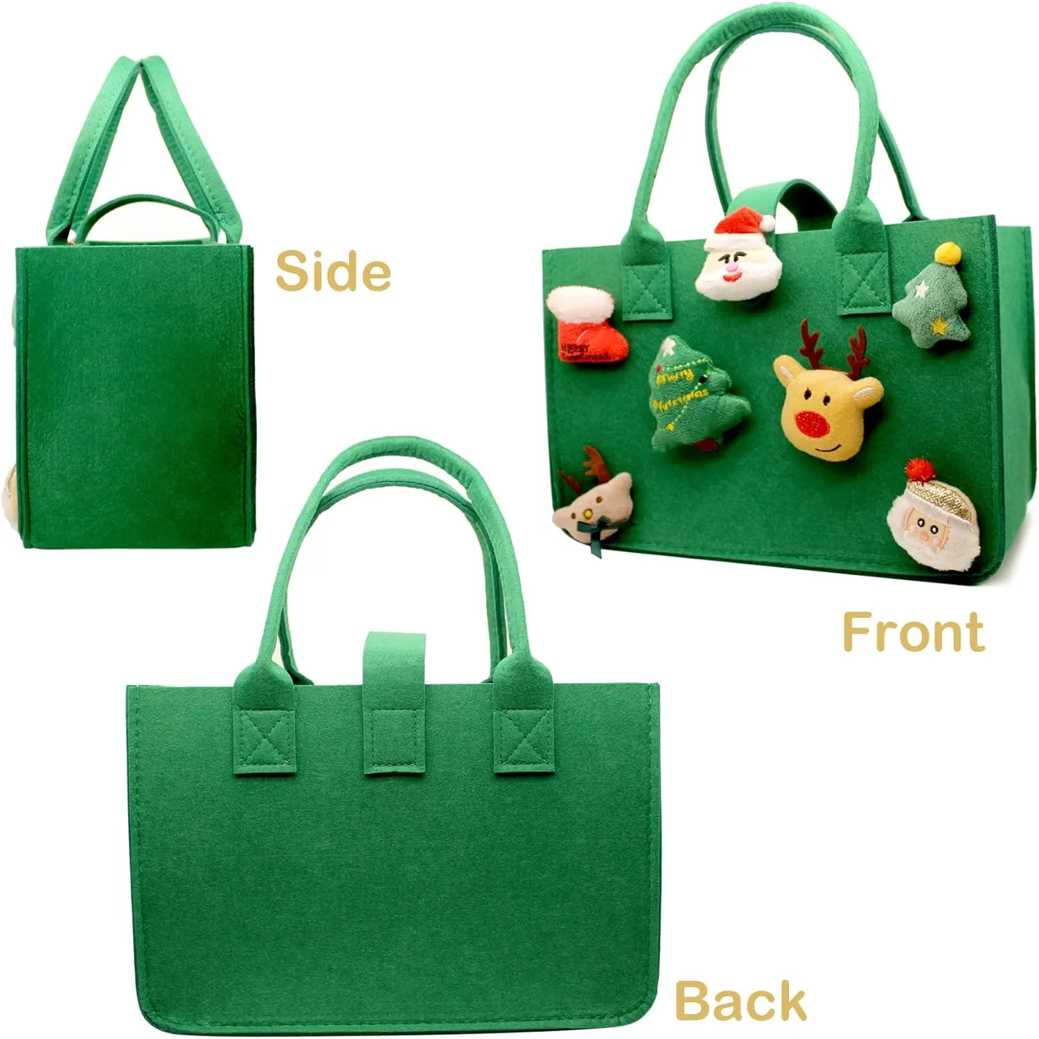 Cute Bags - 2 Designs Reusable Red and Green Felt Xmas Treat Bags with Handles - Large Size