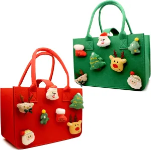 Cute Bags - 2 Designs Reusable Red and Green Felt Xmas Treat Bags with Handles - Large Size