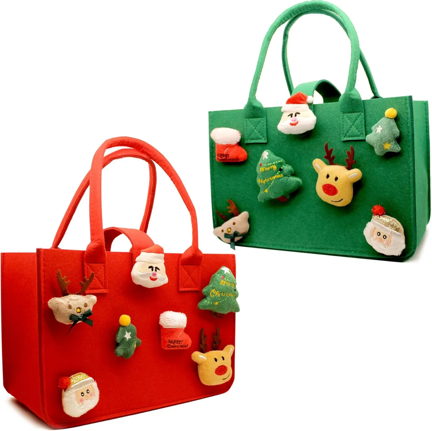 Cute Bags - 2 Designs Reusable Red and Green Felt Xmas Treat Bags with Handles - Large Size