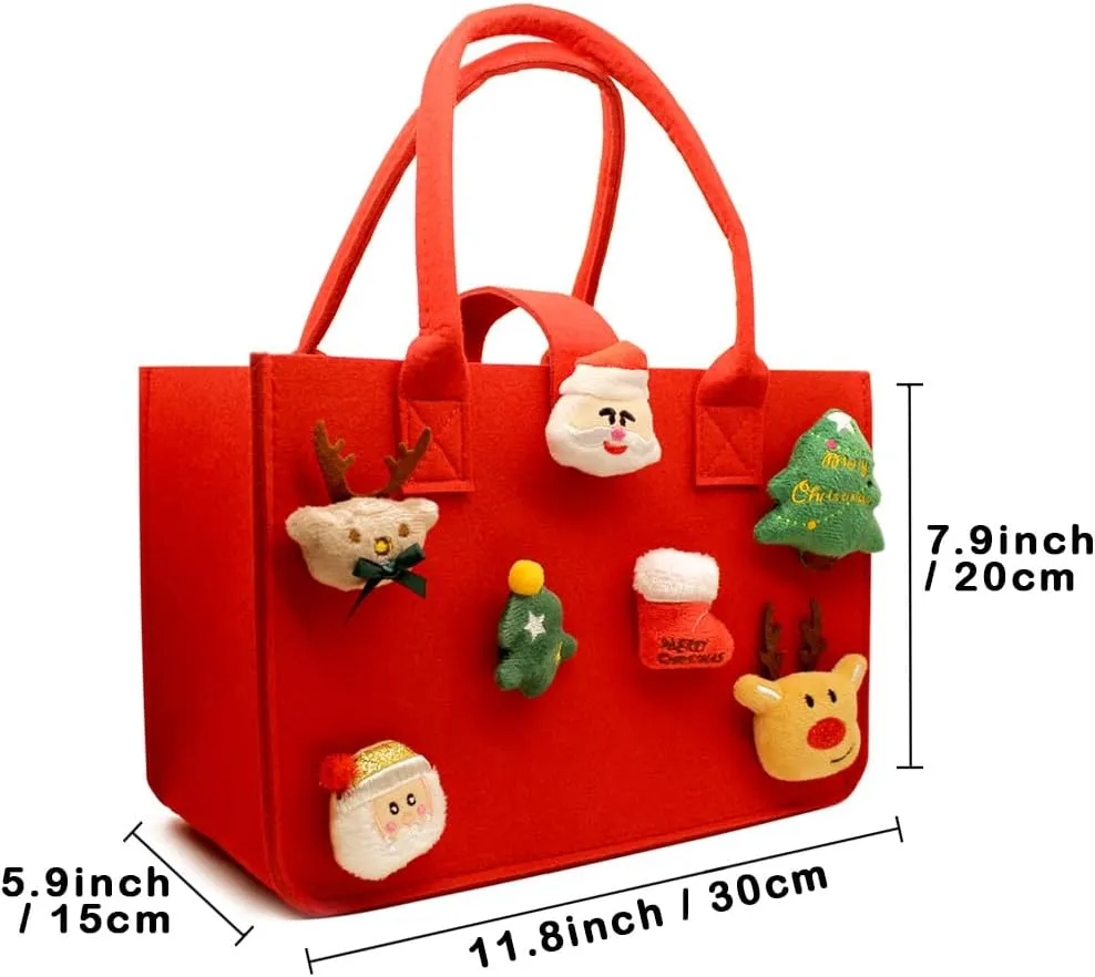 Cute Bags - 2 Designs Reusable Red and Green Felt Xmas Treat Bags with Handles - Large Size