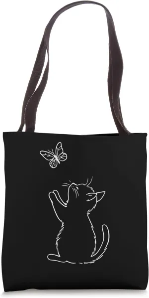 Cute Butterfly Cat Line Art Minimal Kitten Minimalism Tote Bag