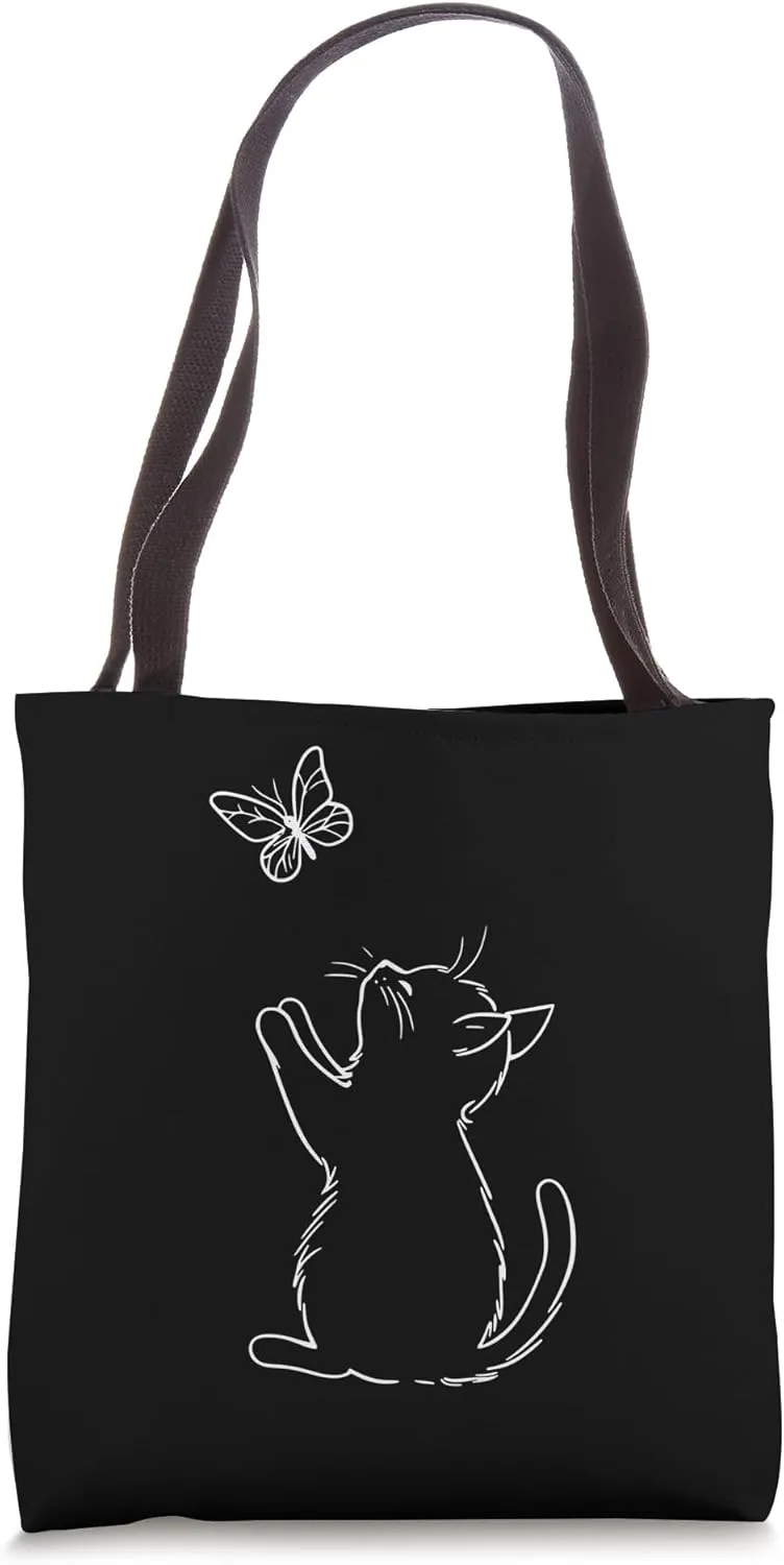 Cute Butterfly Cat Line Art Minimal Kitten Minimalism Tote Bag