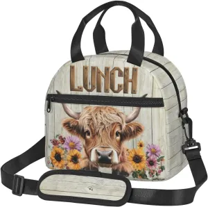 Cute Cow Print Lunchbox, Farmhouse Highland Cow Lunch Box, Funny Animal Insulated Lunch Bags, Sunflowers Lunch Bag Tote Bag With Shoulder Strap For Women Men Work Picnic Outdoor Hinking
