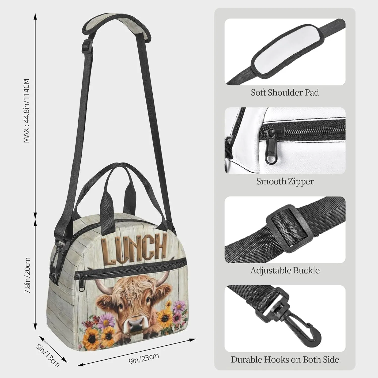 Cute Cow Print Lunchbox, Farmhouse Highland Cow Lunch Box, Funny Animal Insulated Lunch Bags, Sunflowers Lunch Bag Tote Bag With Shoulder Strap For Women Men Work Picnic Outdoor Hinking