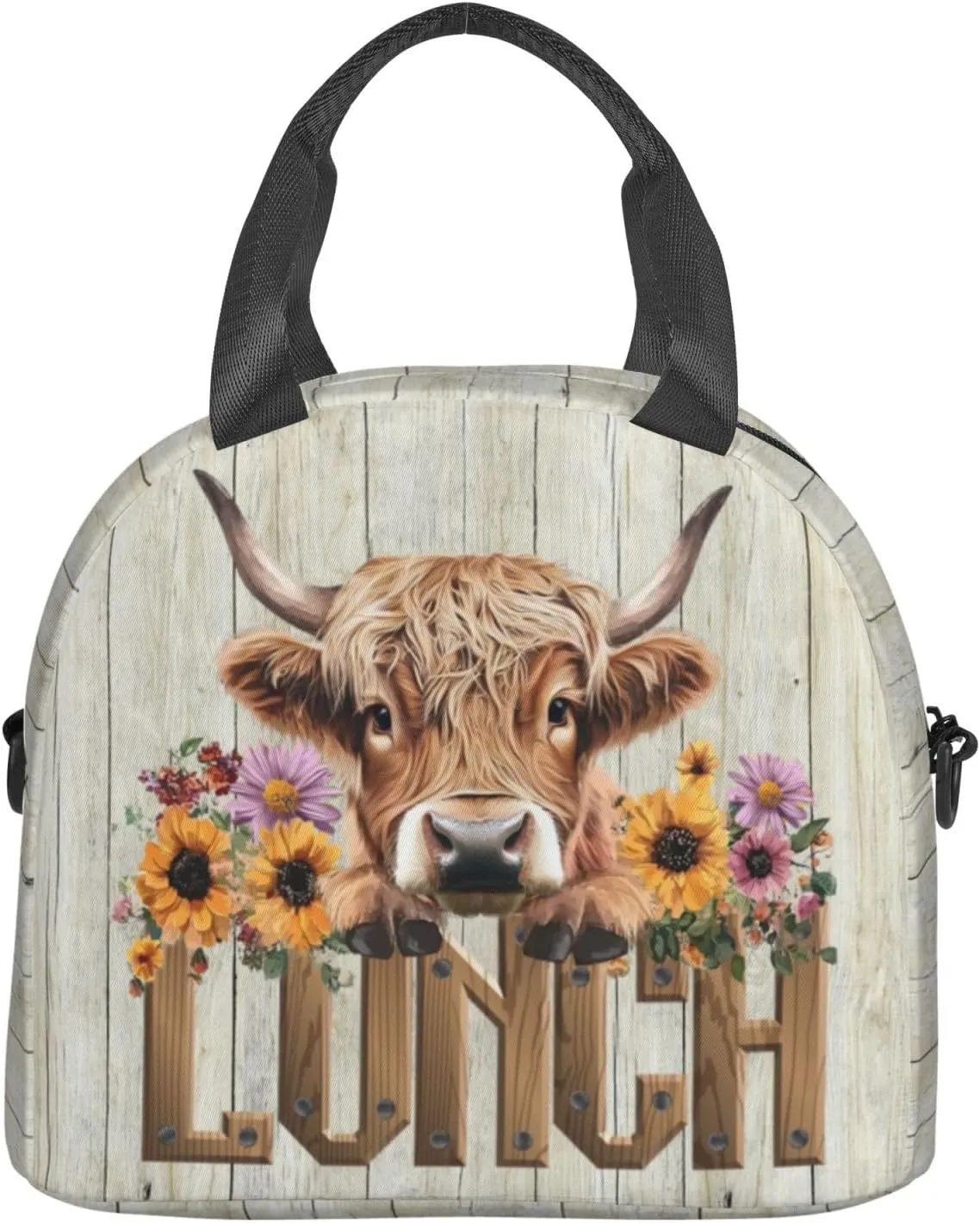 Cute Cow Print Lunchbox, Farmhouse Highland Cow Lunch Box, Funny Animal Insulated Lunch Bags, Sunflowers Lunch Bag Tote Bag With Shoulder Strap For Women Men Work Picnic Outdoor Hinking