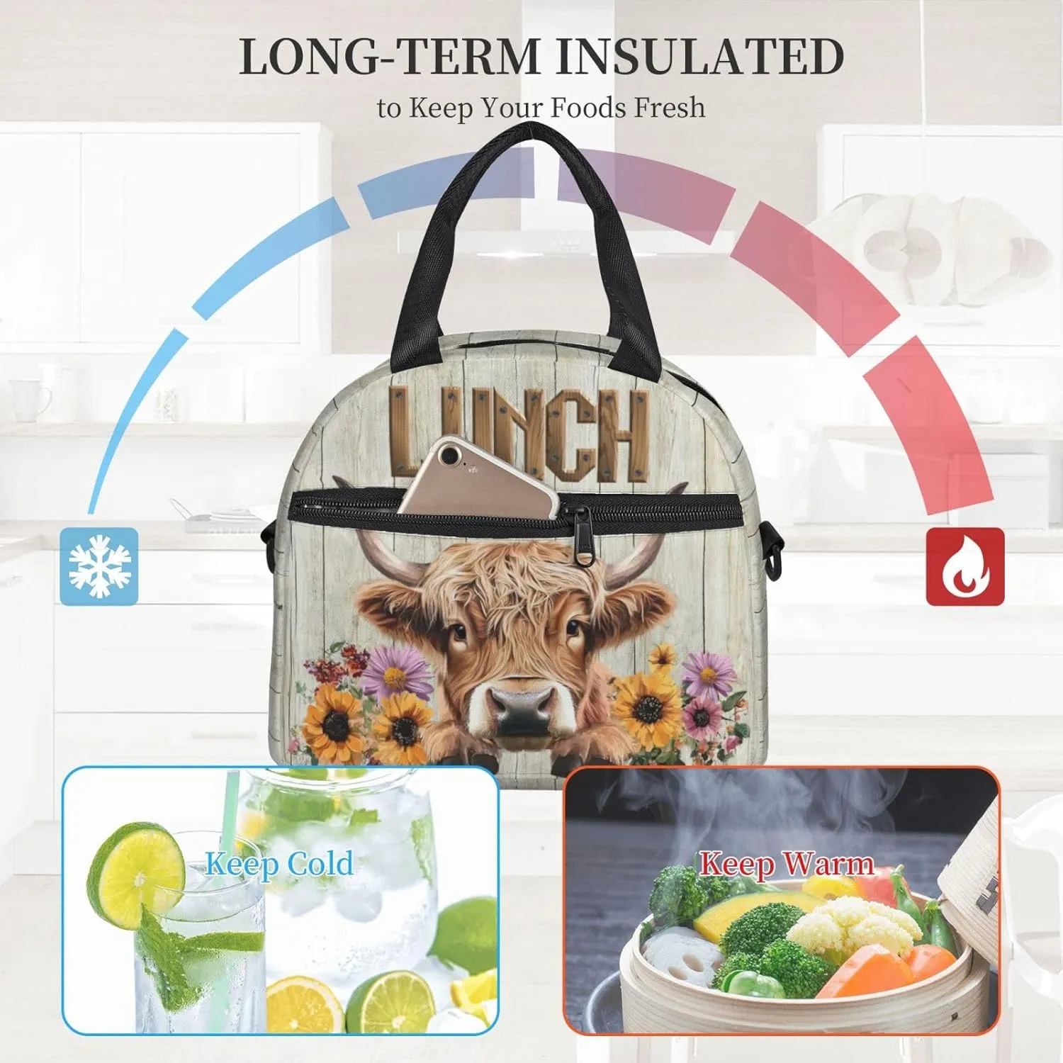 Cute Cow Print Lunchbox, Farmhouse Highland Cow Lunch Box, Funny Animal Insulated Lunch Bags, Sunflowers Lunch Bag Tote Bag With Shoulder Strap For Women Men Work Picnic Outdoor Hinking