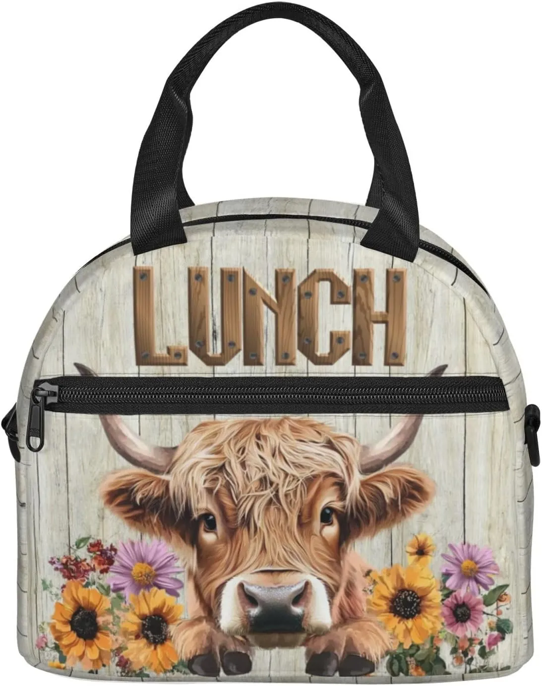 Cute Cow Print Lunchbox, Farmhouse Highland Cow Lunch Box, Funny Animal Insulated Lunch Bags, Sunflowers Lunch Bag Tote Bag With Shoulder Strap For Women Men Work Picnic Outdoor Hinking