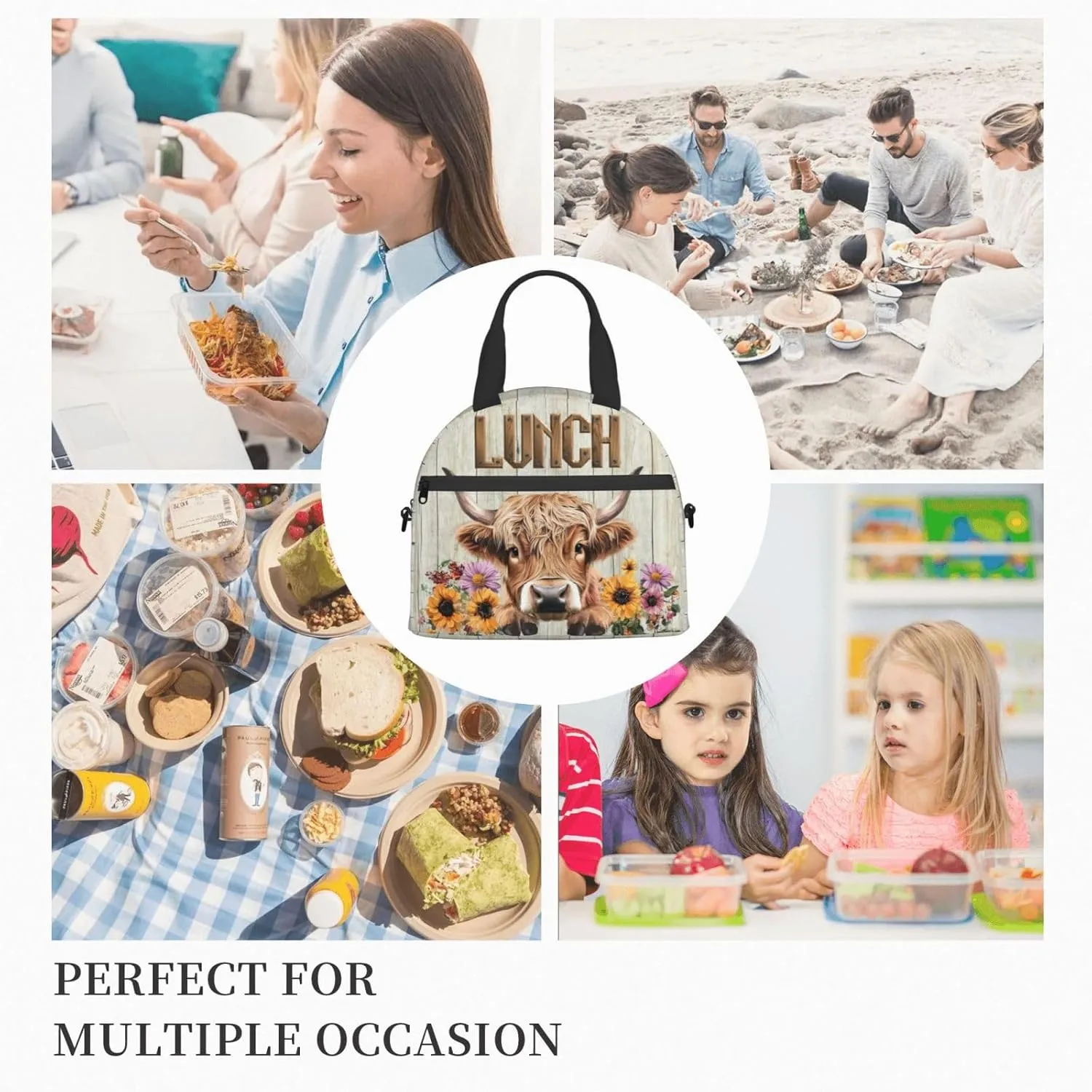 Cute Cow Print Lunchbox, Farmhouse Highland Cow Lunch Box, Funny Animal Insulated Lunch Bags, Sunflowers Lunch Bag Tote Bag With Shoulder Strap For Women Men Work Picnic Outdoor Hinking