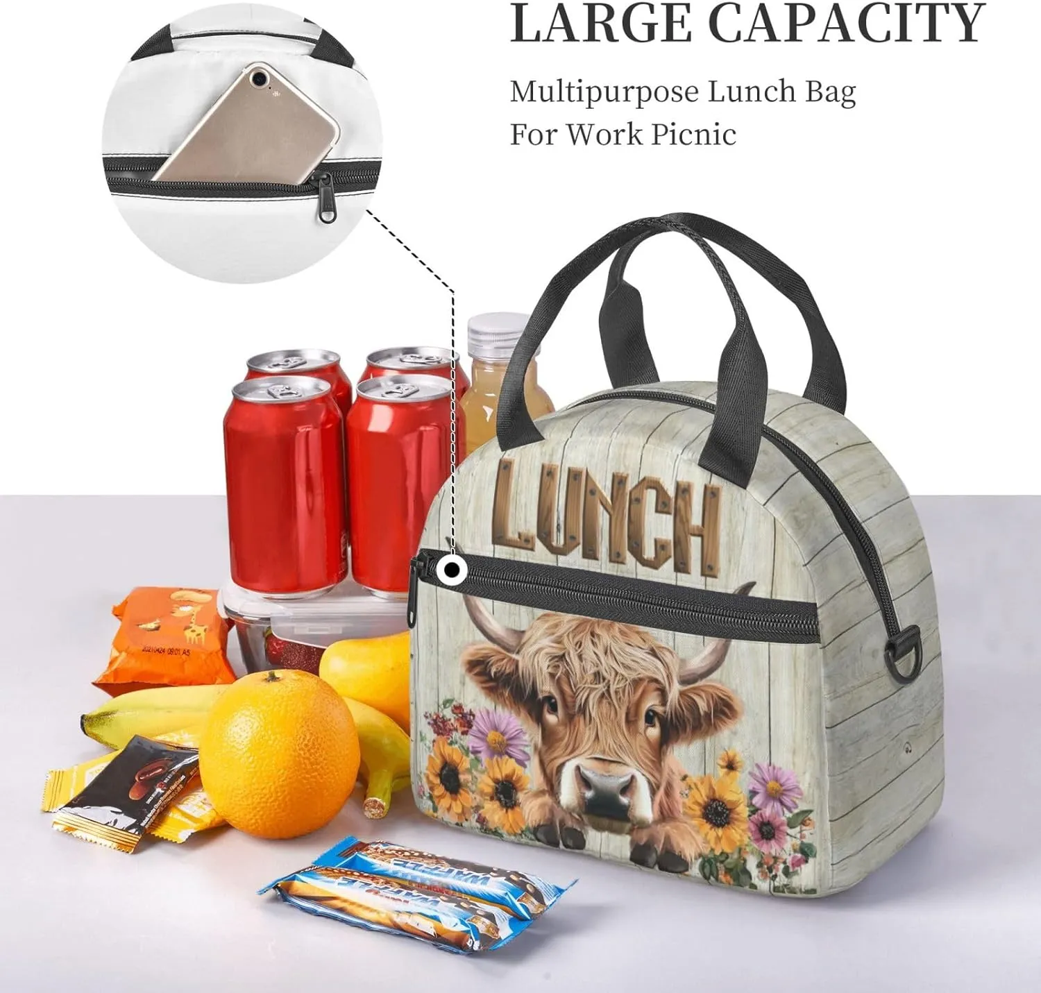 Cute Cow Print Lunchbox, Farmhouse Highland Cow Lunch Box, Funny Animal Insulated Lunch Bags, Sunflowers Lunch Bag Tote Bag With Shoulder Strap For Women Men Work Picnic Outdoor Hinking
