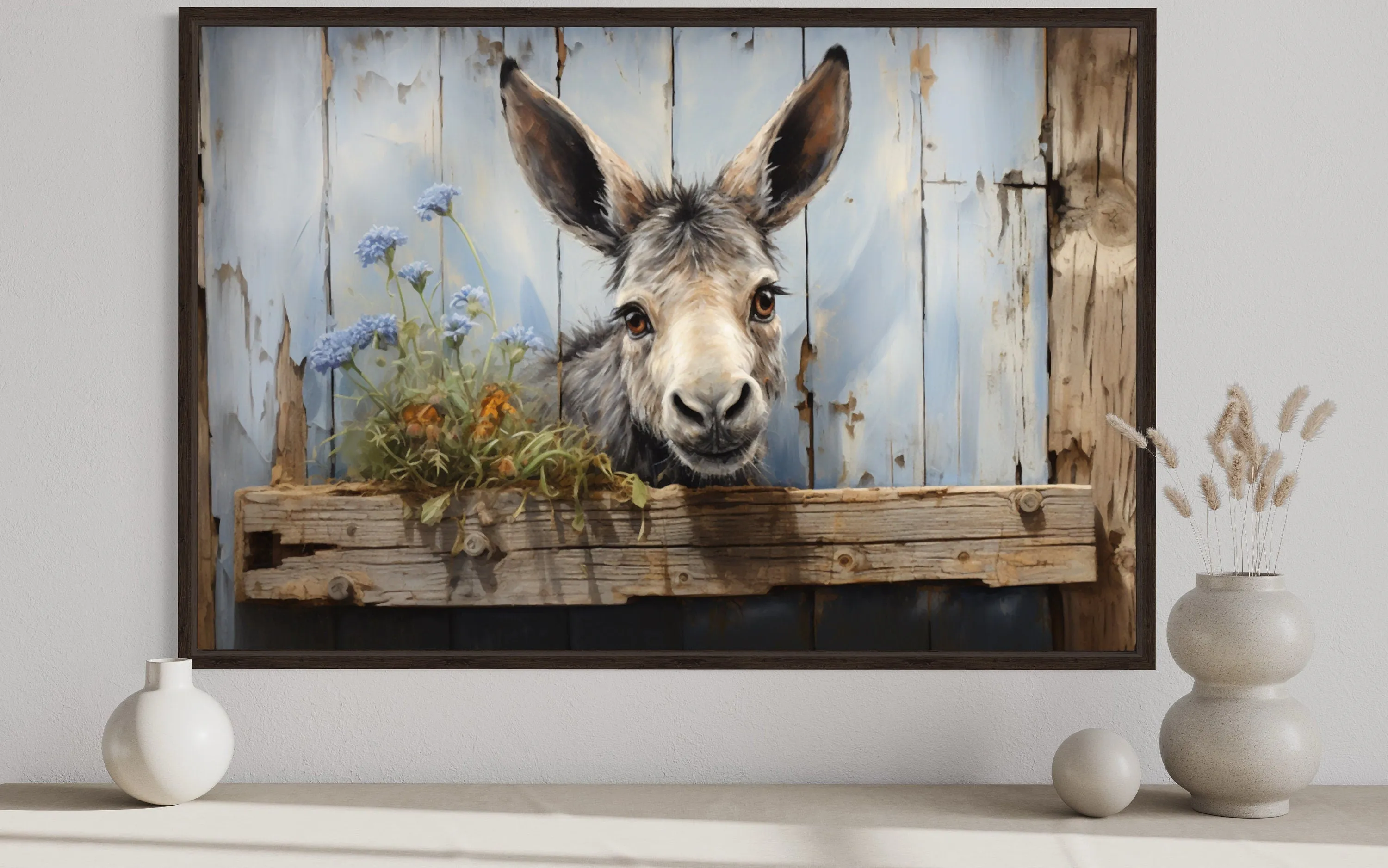 Cute Farm Donkey Rustic Painting on Wood Framed Canvas Wall Art