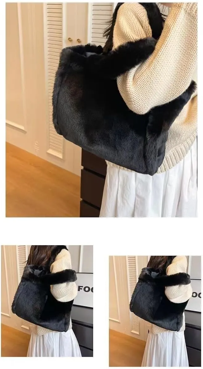 Cute Plush Furry Shoulder Bag Winter Faux Fur Soft Fuzzy Large Hobo Handbag Purse Fluffy Tote Bag for Women