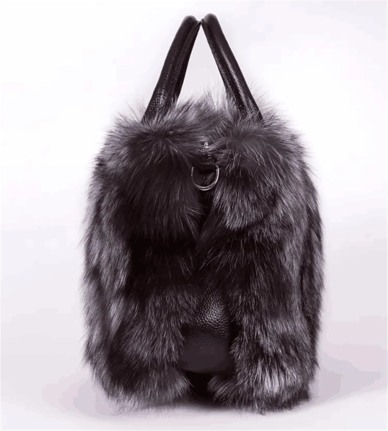 D-01 Luxury Real Fox Fur Handbag For Women Ladies Furry Shoulder Bag Purse Colorful Silver Bags Big Capacity Fashion (One Size, Grey)