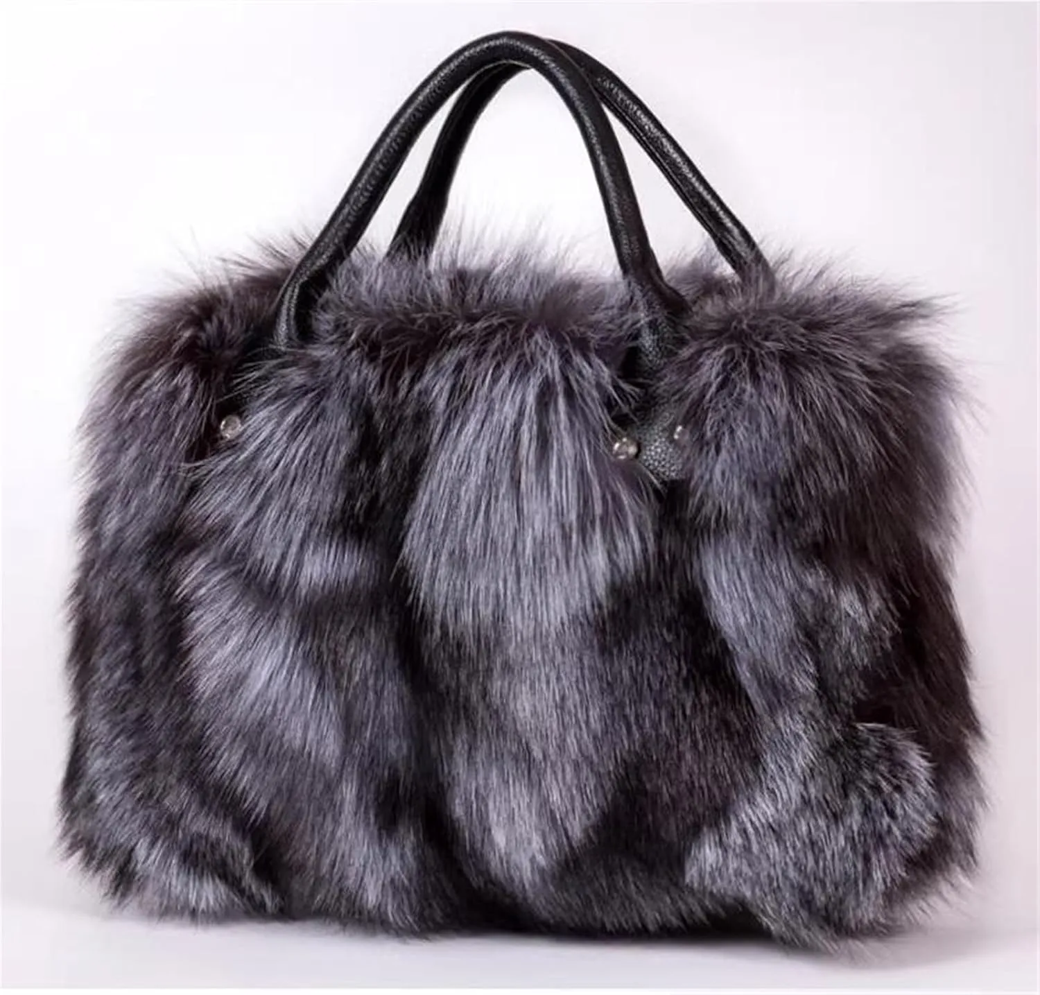 D-01 Luxury Real Fox Fur Handbag For Women Ladies Furry Shoulder Bag Purse Colorful Silver Bags Big Capacity Fashion (One Size, Grey)