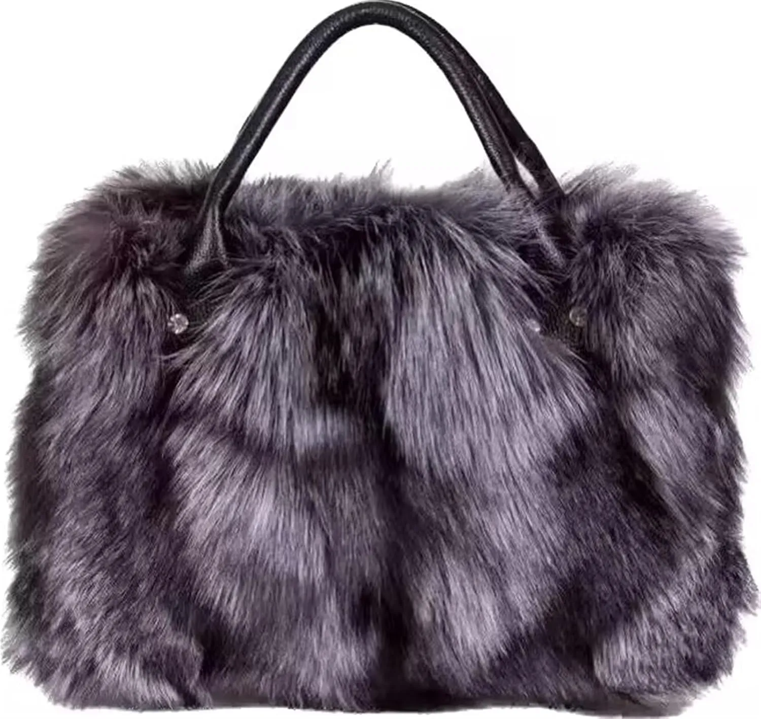 D-01 Luxury Real Fox Fur Handbag For Women Ladies Furry Shoulder Bag Purse Colorful Silver Bags Big Capacity Fashion (One Size, Grey)