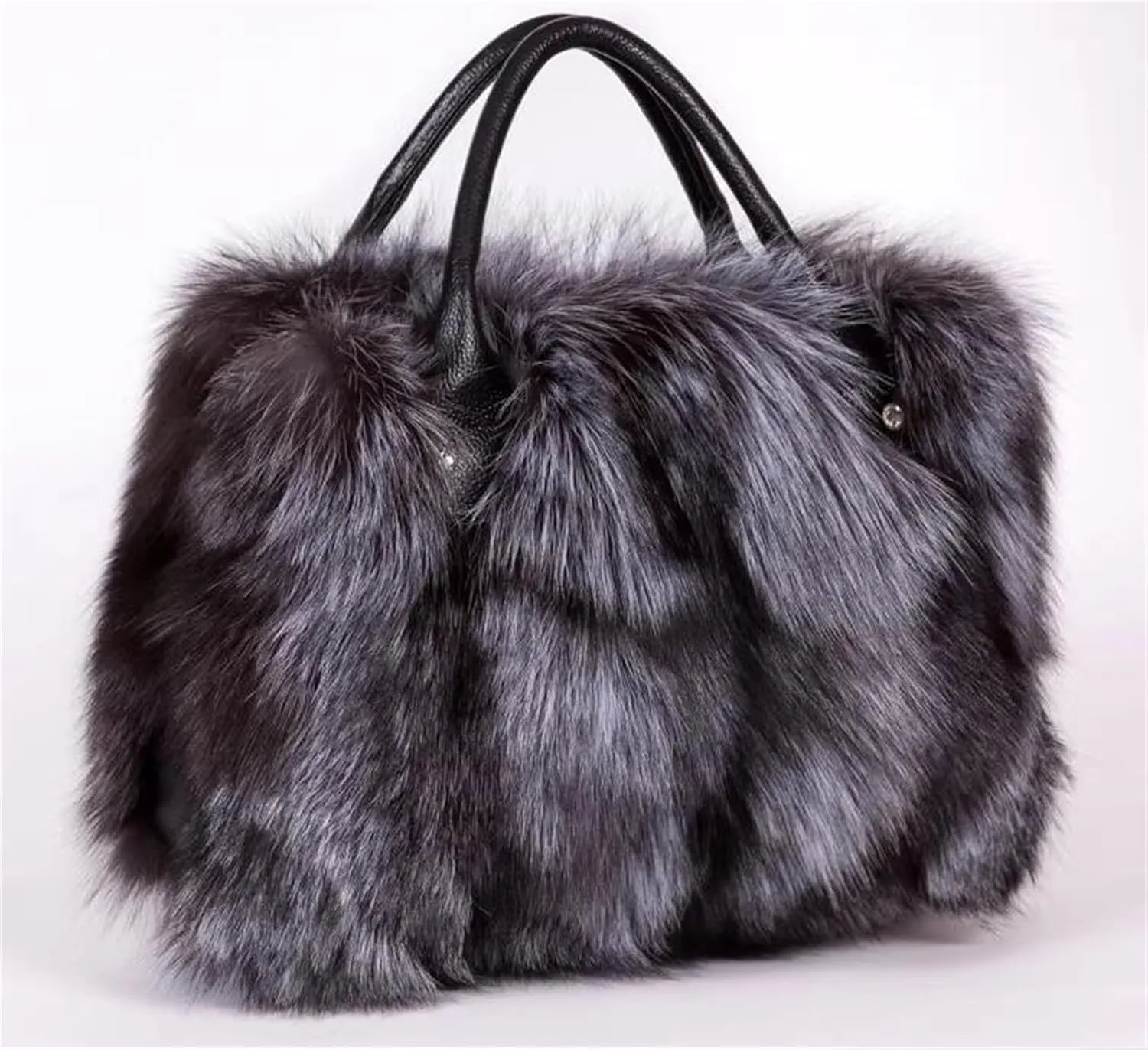 D-01 Luxury Real Fox Fur Handbag For Women Ladies Furry Shoulder Bag Purse Colorful Silver Bags Big Capacity Fashion (One Size, Grey)