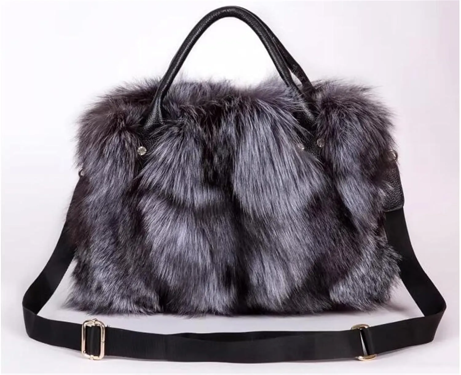 D-01 Luxury Real Fox Fur Handbag For Women Ladies Furry Shoulder Bag Purse Colorful Silver Bags Big Capacity Fashion (One Size, Grey)
