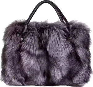D-01 Luxury Real Fox Fur Handbag For Women Ladies Furry Shoulder Bag Purse Colorful Silver Bags Big Capacity Fashion (One Size, Grey)