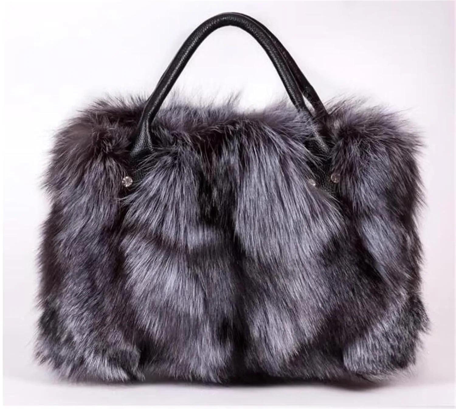 D-01 Luxury Real Fox Fur Handbag For Women Ladies Furry Shoulder Bag Purse Colorful Silver Bags Big Capacity Fashion (One Size, Grey)