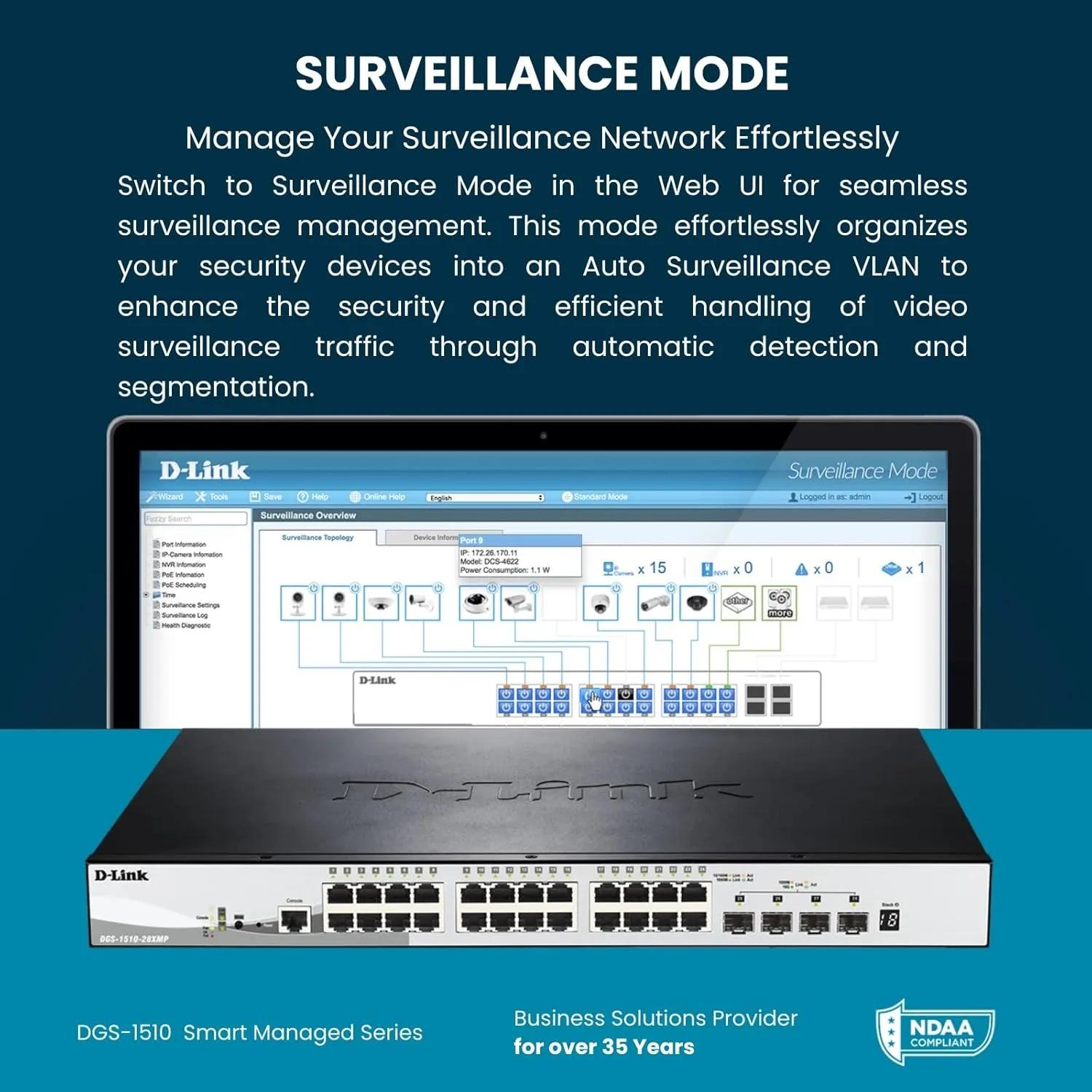 D-Link 20-Port Gigabit Stackable Smart Managed Switch 10G Uplinks | 16 Gigabit   2 10GbE SFP  and 2 SFP Ports| L2 /L3 Lite |VLANs |Web Managed |Surveillance Mode| NDAA Compliant (DGS-1510-20)