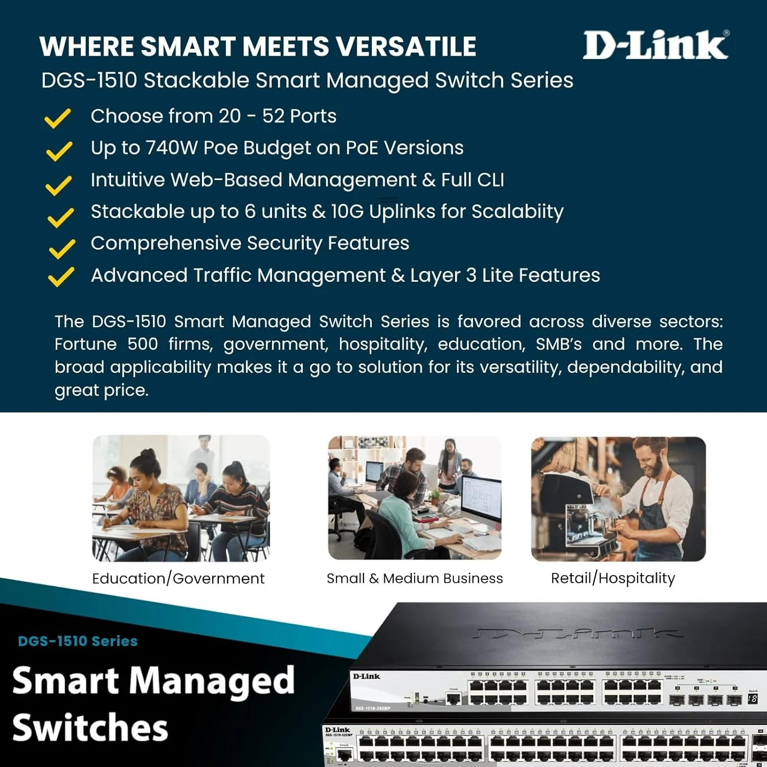 D-Link 20-Port Gigabit Stackable Smart Managed Switch 10G Uplinks | 16 Gigabit   2 10GbE SFP  and 2 SFP Ports| L2 /L3 Lite |VLANs |Web Managed |Surveillance Mode| NDAA Compliant (DGS-1510-20)