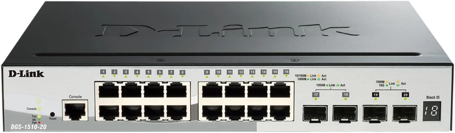 D-Link 20-Port Gigabit Stackable Smart Managed Switch 10G Uplinks | 16 Gigabit   2 10GbE SFP  and 2 SFP Ports| L2 /L3 Lite |VLANs |Web Managed |Surveillance Mode| NDAA Compliant (DGS-1510-20)