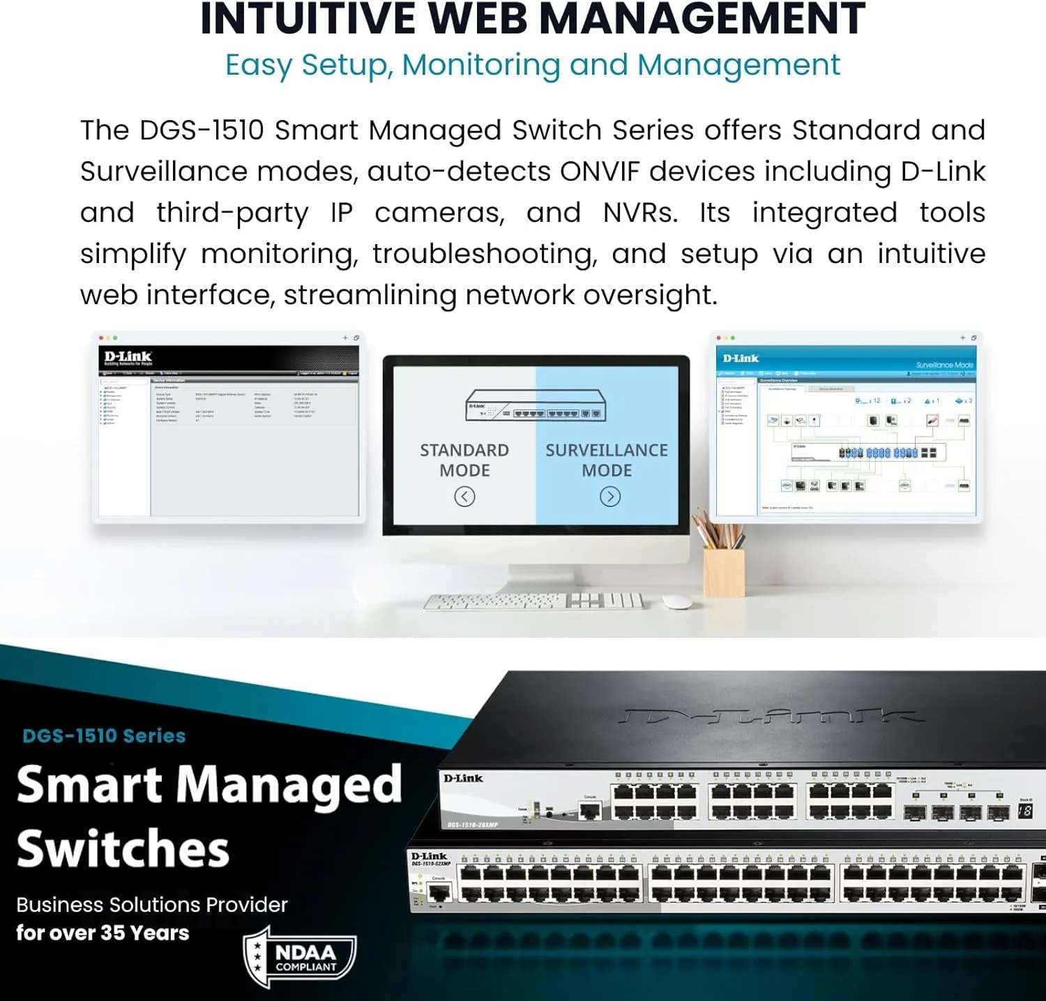 D-Link 20-Port Gigabit Stackable Smart Managed Switch 10G Uplinks | 16 Gigabit   2 10GbE SFP  and 2 SFP Ports| L2 /L3 Lite |VLANs |Web Managed |Surveillance Mode| NDAA Compliant (DGS-1510-20)