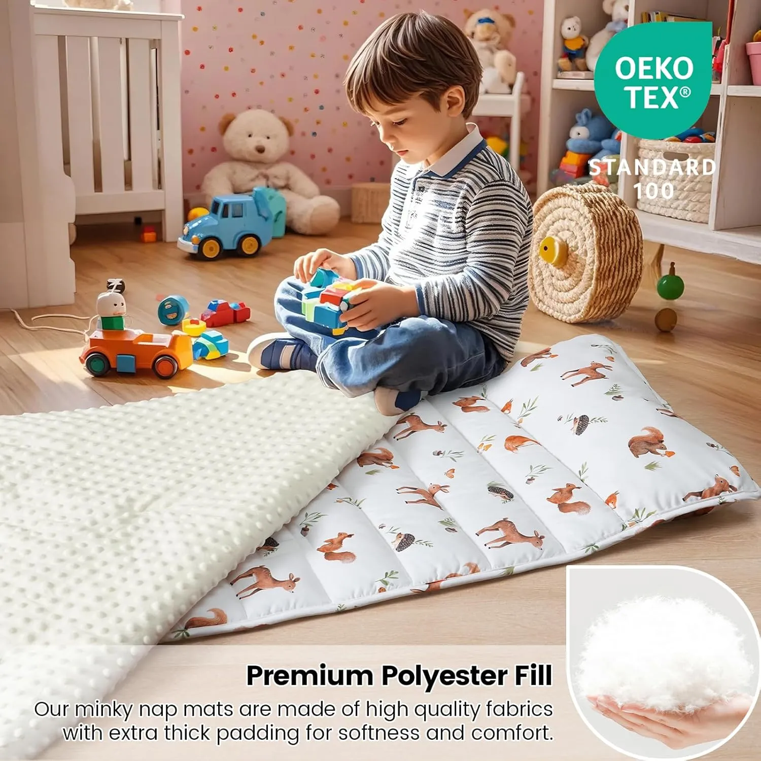 david's kids Toddler Nap Mat with Pillow and Minky Fleece Blanket, Ultra Soft Slumber Bags for Kids, Perfect for Preschool, Daycare, Kids Sleeping Bags with Rollup Design, 50"x20", Woodland Animals