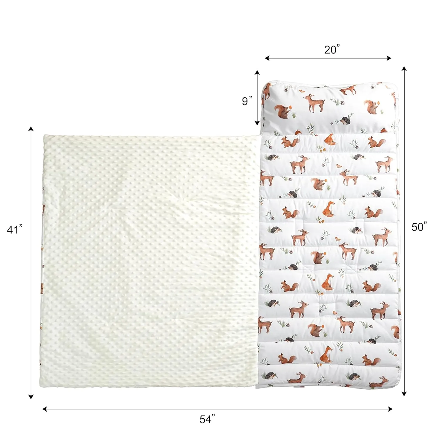 david's kids Toddler Nap Mat with Pillow and Minky Fleece Blanket, Ultra Soft Slumber Bags for Kids, Perfect for Preschool, Daycare, Kids Sleeping Bags with Rollup Design, 50"x20", Woodland Animals